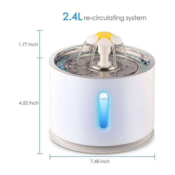 Water Fountain Stainless Steel Top LED, Flower Drinking Dispenser with filter 2.4L